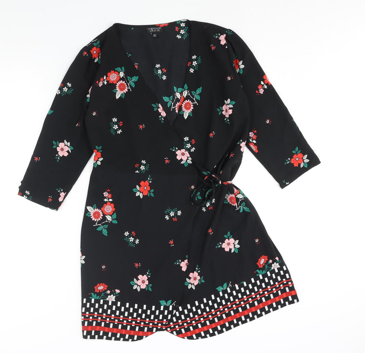 Topshop Womens Black Floral Polyester Wrap Dress Size 10 V-Neck Tie - Geometric Hem