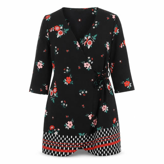Front view of Topshop women’s black floral polyester wrap dress, size UK 10, v-neck tie - geometric hem