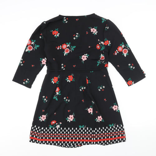 Topshop Womens Black Floral Polyester Wrap Dress Size 10 V-Neck Tie - Geometric Hem