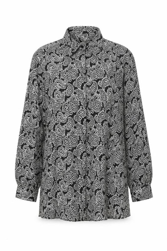Front view of H&M women’s black geometric viscose shift, size S, collared pullover