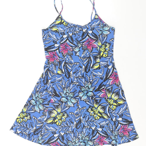 New Look Womens Blue Floral Cotton A-Line Size 14 Scoop Neck Pullover
