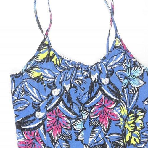 New Look Womens Blue Floral Cotton A-Line Size 14 Scoop Neck Pullover