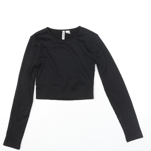 Divided by H&M Womens Black Polyester Cropped Blouse Size S Round Neck - Ribbed