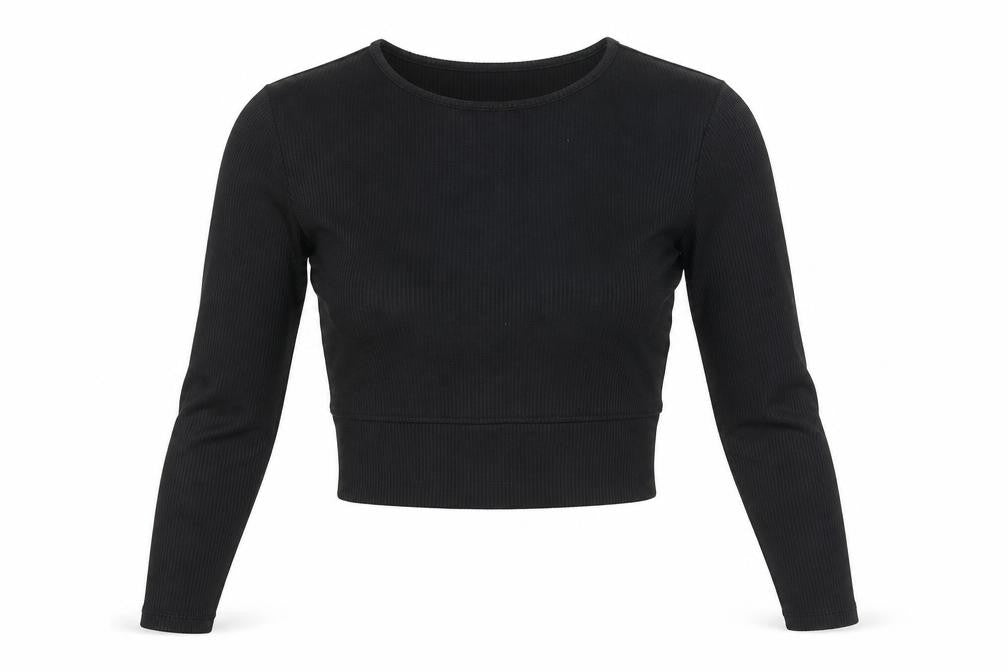 Front view of Divided by H&M women’s black polyester cropped blouse, size S, round neck - ribbed