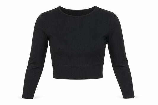 Front view of Divided by H&M women’s black polyester cropped blouse, size S, round neck - ribbed