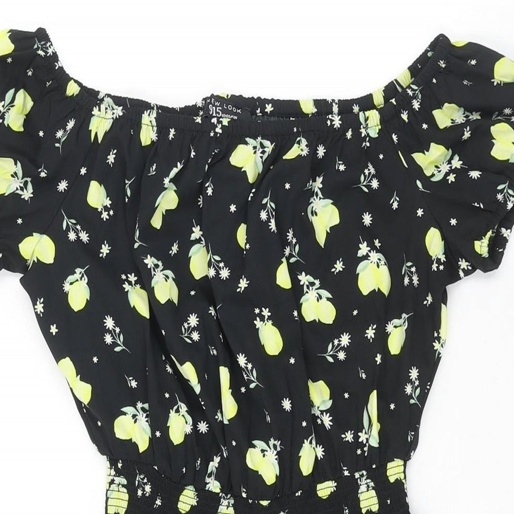 New Look Girls Black Geometric Polyester A-Line Size 12 Years Boat Neck Pullover - Lemon Print Frill