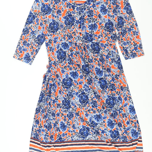 Marks and Spencer Womens Blue Floral Viscose Shift Size 16 V-Neck Pullover - Belted Button Detail