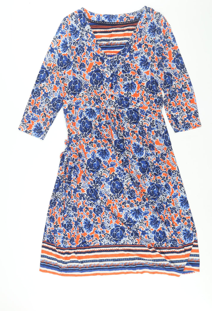 Marks and Spencer Womens Blue Floral Viscose Shift Size 16 V-Neck Pullover - Belted Button Detail