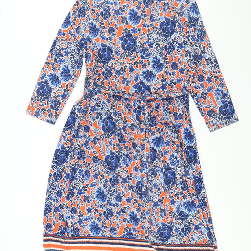 Marks and Spencer Womens Blue Floral Viscose Shift Size 16 V-Neck Pullover - Belted Button Detail