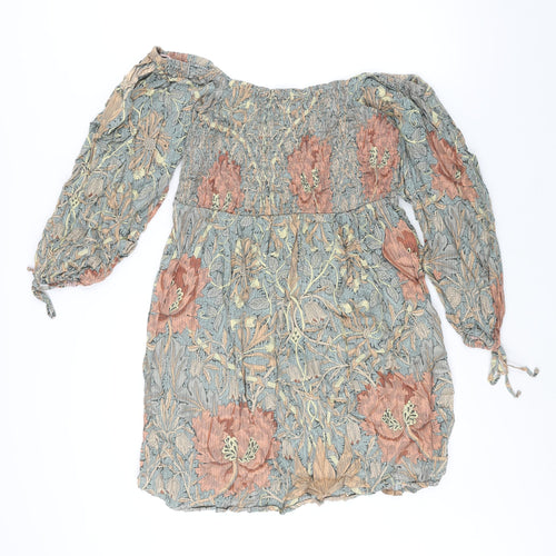 NEXT Womens Multicoloured Geometric Cotton Shift Size 12 Off the Shoulder Pullover - Rouched William Morris Print