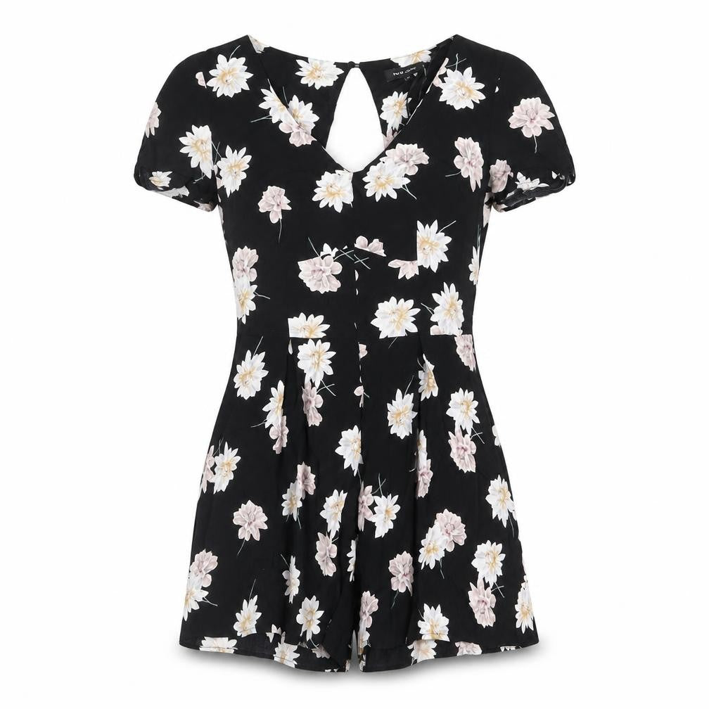 New Look Womens Black Floral Viscose Playsuit One-Piece Size 8 Button