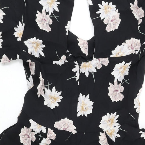 New Look Womens Black Floral Viscose Playsuit One-Piece Size 8 Button