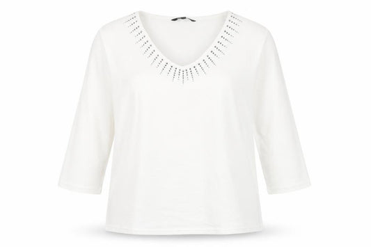 Front view of Bonmarché women’s white polyester basic blouse, size UK 18, v-neck - stud detail