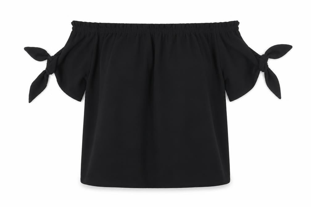 Front view of Dorothy Perkins women’s black polyester basic blouse, size UK 10, boat neck - tie detail