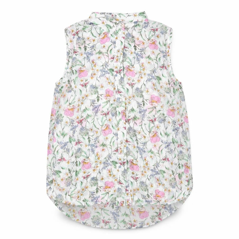 Front view of H&M women’s multicoloured floral polyester camisole blouse, size UK 8, collared - semi sheer