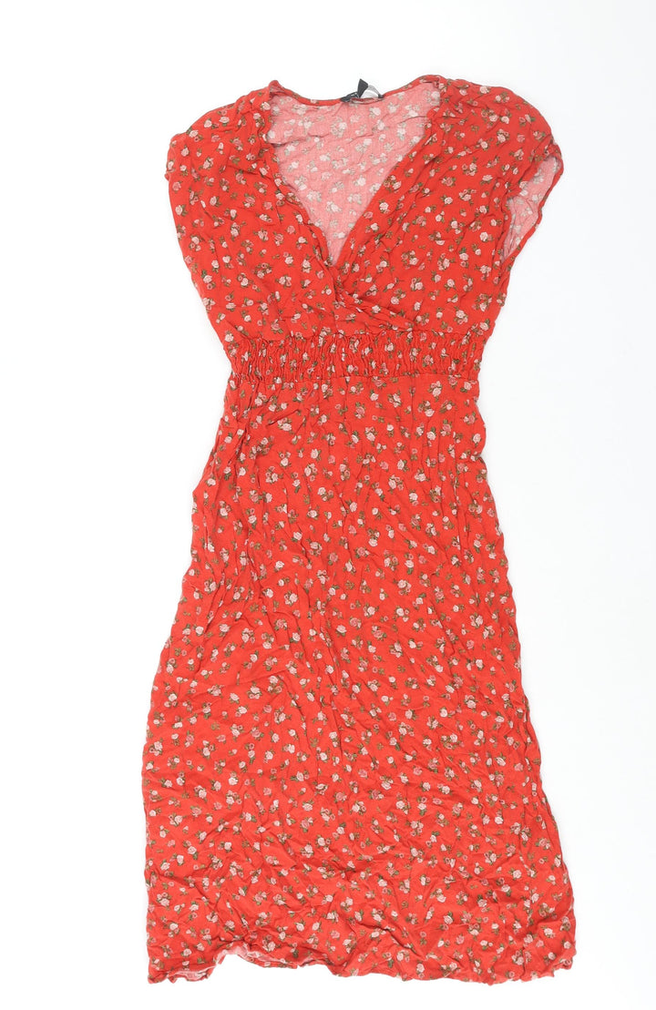 New Look Womens Red Floral Viscose Shift Size 6 V-Neck Pullover