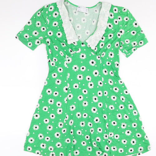 ASOS Womens Green Floral Viscose A-Line Size 10 V-Neck Pullover - Lace Collar