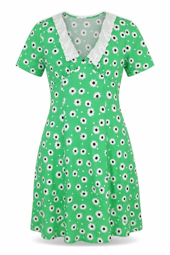 ASOS Womens Green Floral Viscose A-Line Size 10 V-Neck Pullover - Lace Collar