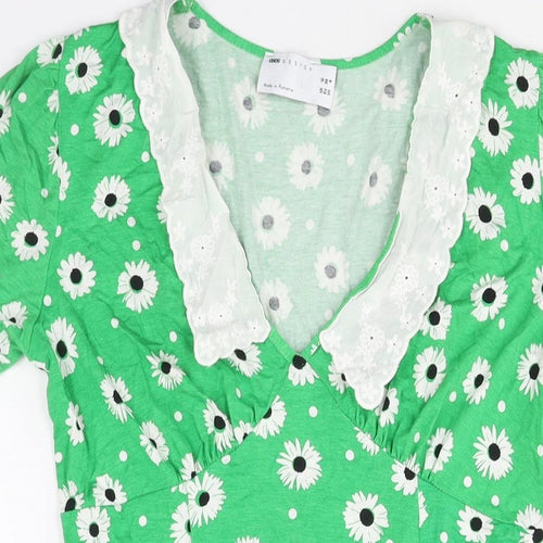 ASOS Womens Green Floral Viscose A-Line Size 10 V-Neck Pullover - Lace Collar