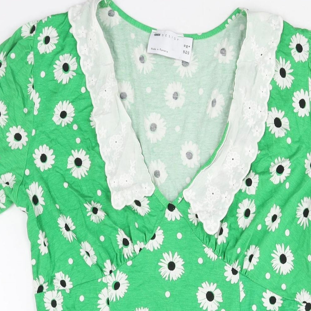 ASOS Womens Green Floral Viscose A-Line Size 10 V-Neck Pullover - Lace Collar