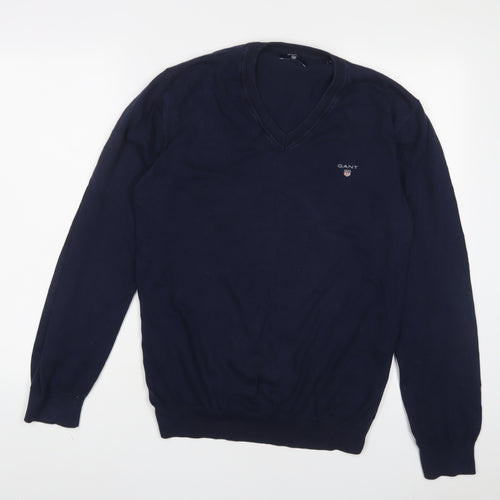 GANT Mens Blue V-Neck Cotton Pullover Jumper Size L Long Sleeve - Logo, Embroidered