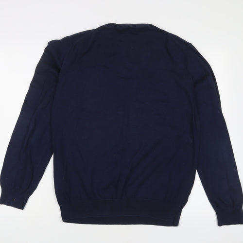 GANT Mens Blue V-Neck Cotton Pullover Jumper Size L Long Sleeve - Logo, Embroidered