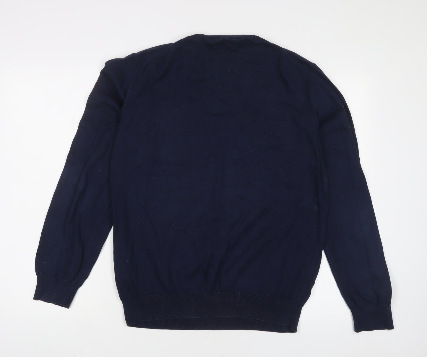 GANT Mens Blue V-Neck Cotton Pullover Jumper Size L Long Sleeve - Logo, Embroidered