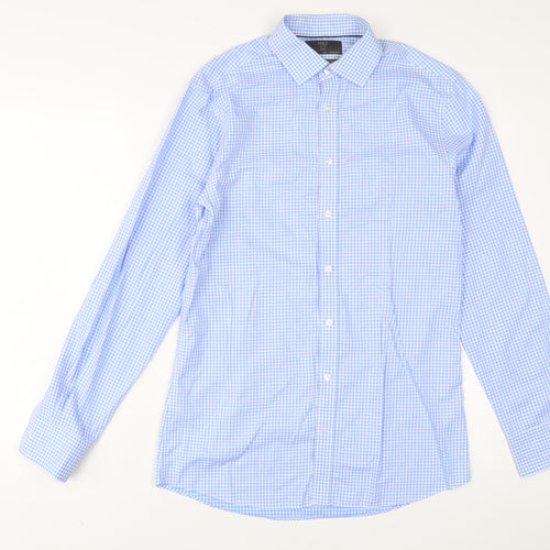 Marks and Spencer Mens Blue Plaid Cotton Button-Up Size 15 Collared Button
