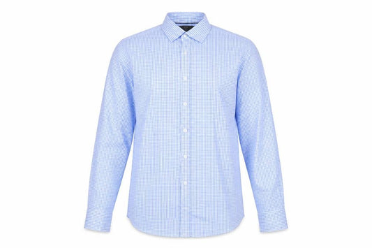 Front view of Marks & Spencer men’s blue plaid cotton button-up, size 15, collared button