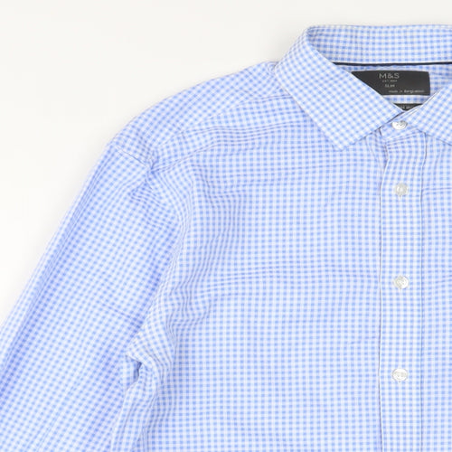 Marks and Spencer Mens Blue Plaid Cotton Button-Up Size 15 Collared Button