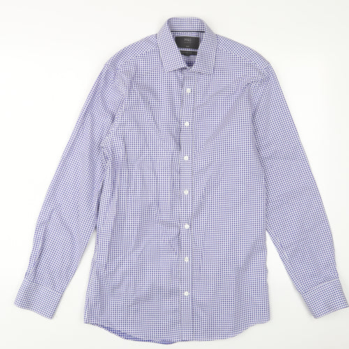 Marks and Spencer Mens Blue Plaid Cotton Button-Up Size 14.5 Collared Button