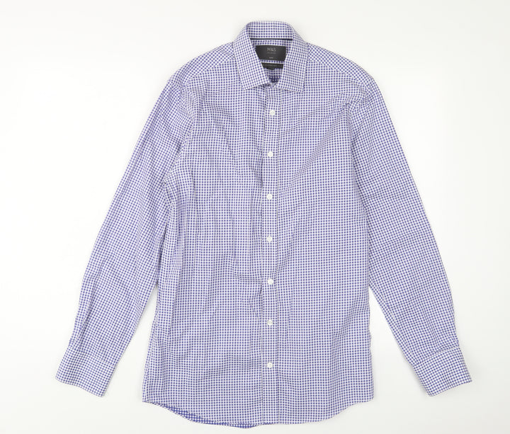 Marks and Spencer Mens Blue Plaid Cotton Button-Up Size 14.5 Collared Button