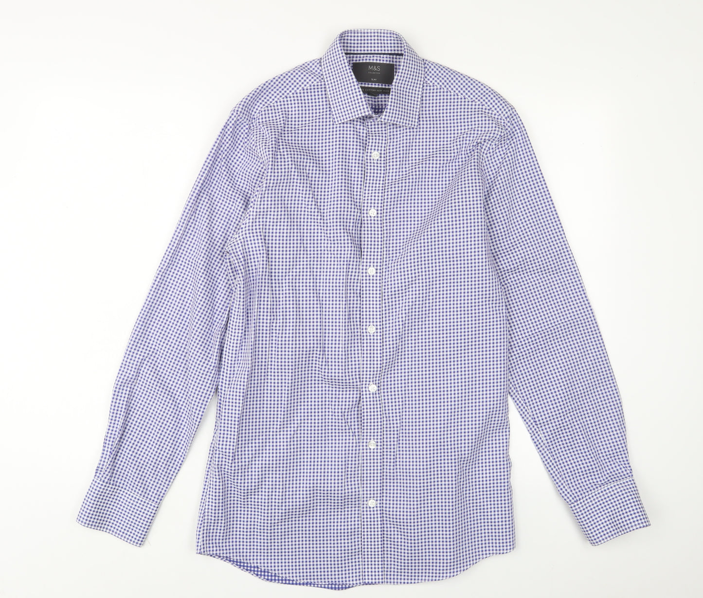 Marks and Spencer Mens Blue Plaid Cotton Button-Up Size 14.5 Collared Button