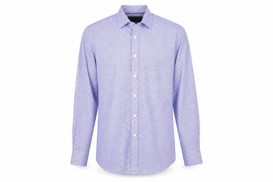 Front view of Marks & Spencer men’s blue plaid cotton button-up, size 14.5 collared button