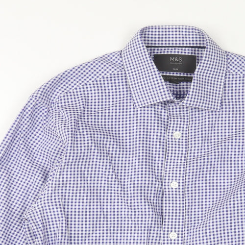 Marks and Spencer Mens Blue Plaid Cotton Button-Up Size 14.5 Collared Button