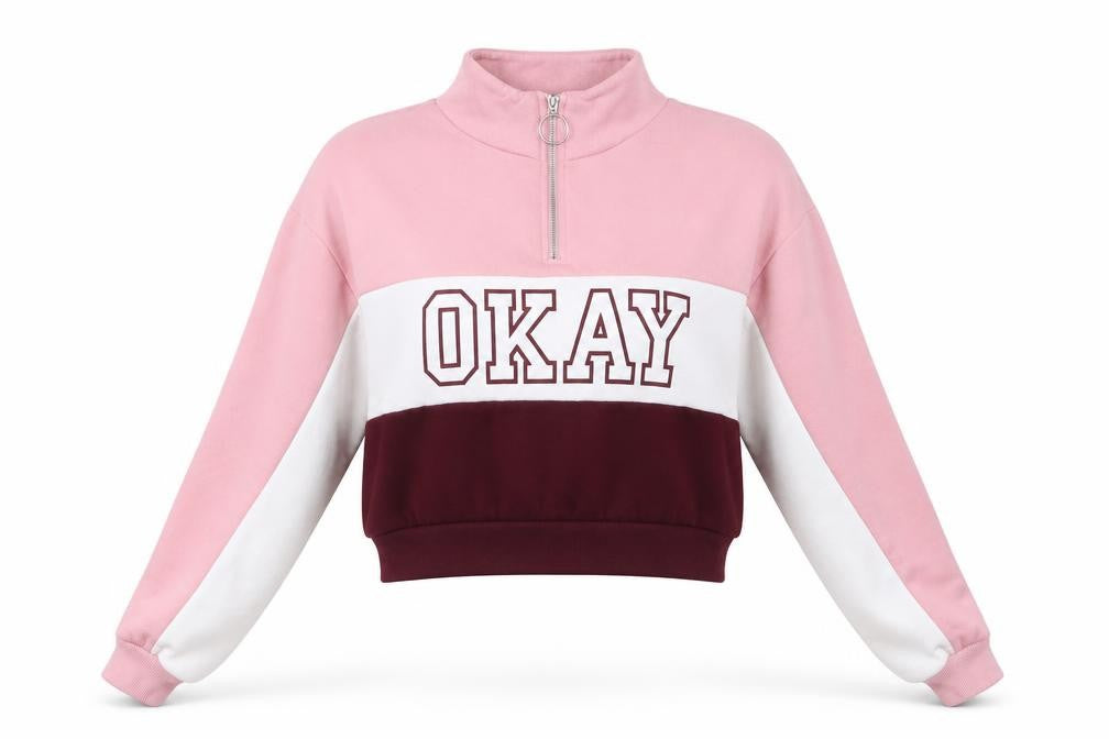 Front view of H&M women’s pink striped cotton pullover sweatshirt, size S, zip