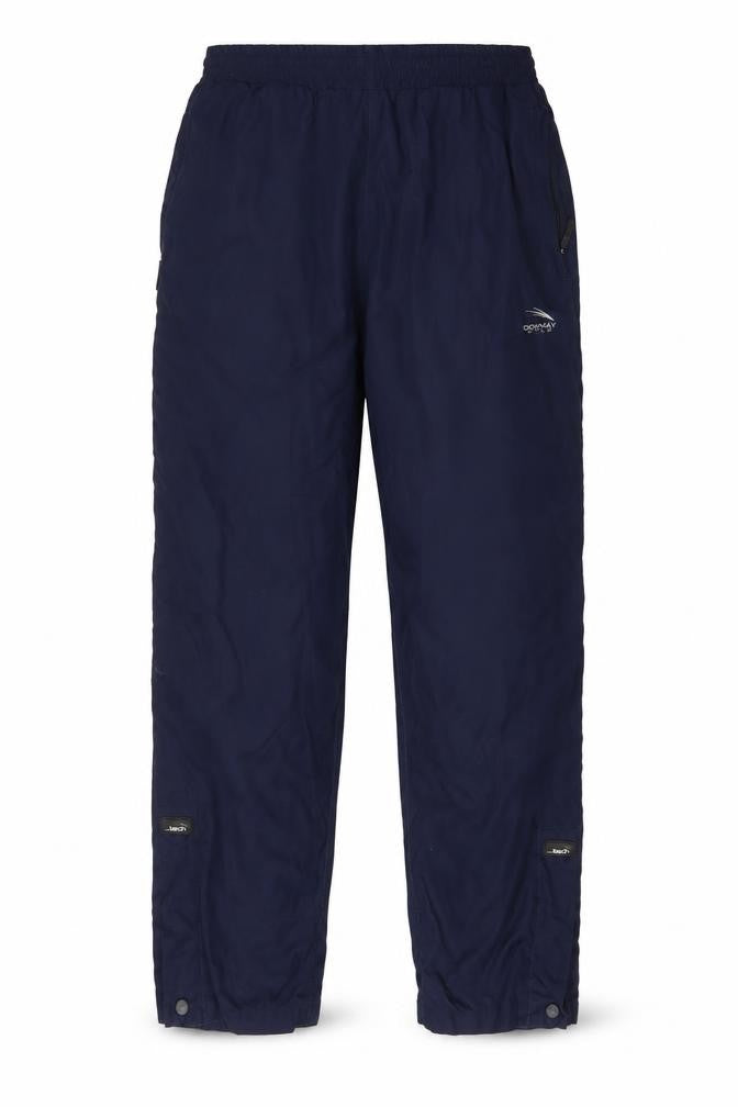Front view of Donnay men’s blue polyester windbreaker trousers, size M, 31-inch leg regular drawstring - zip pockets