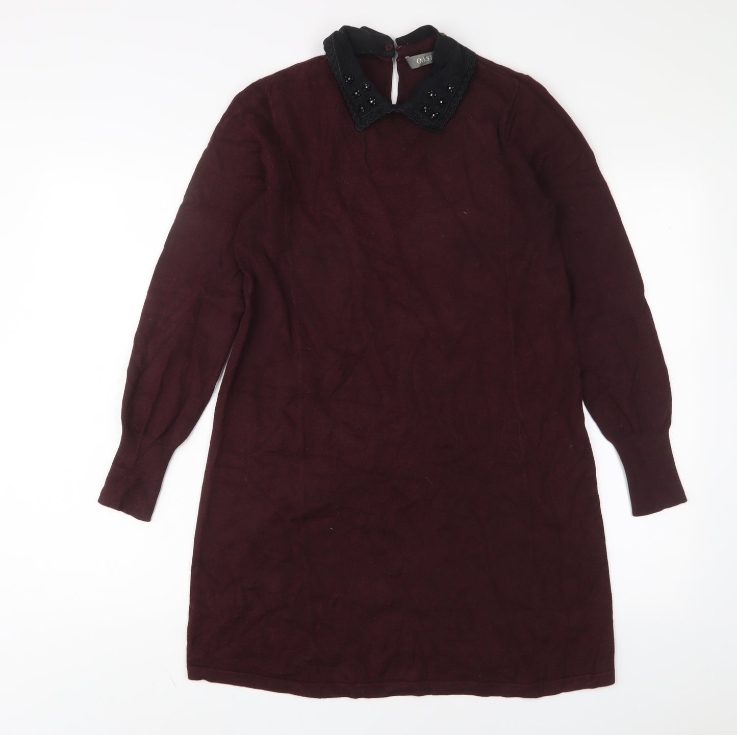 Oasis Womens Red Acrylic Jumper Dress Size S Collared Button - Beaded