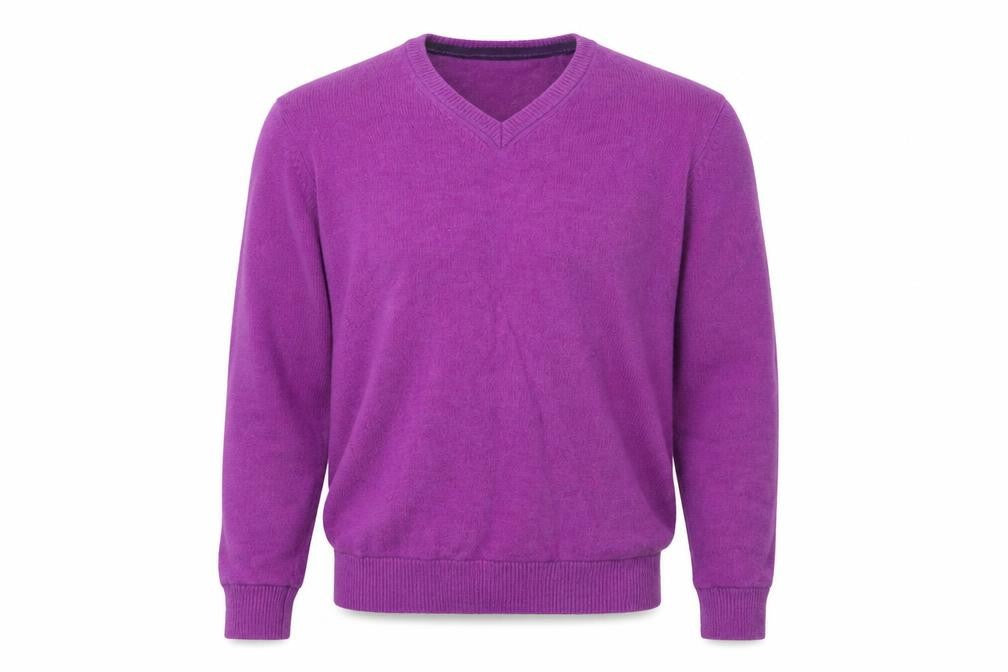 Front view of Skopes men’s purple crew neck wool jumper, size XL, long sleeve