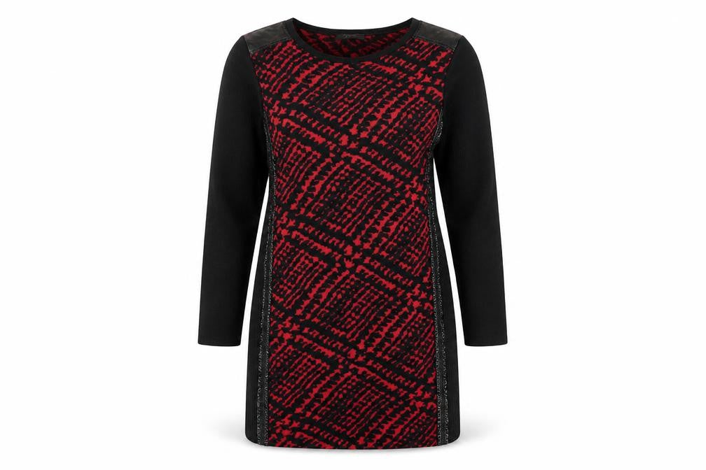 Front view of Faber women’s red herringbone viscose jumper dress, size UK 12, crew neck pullover