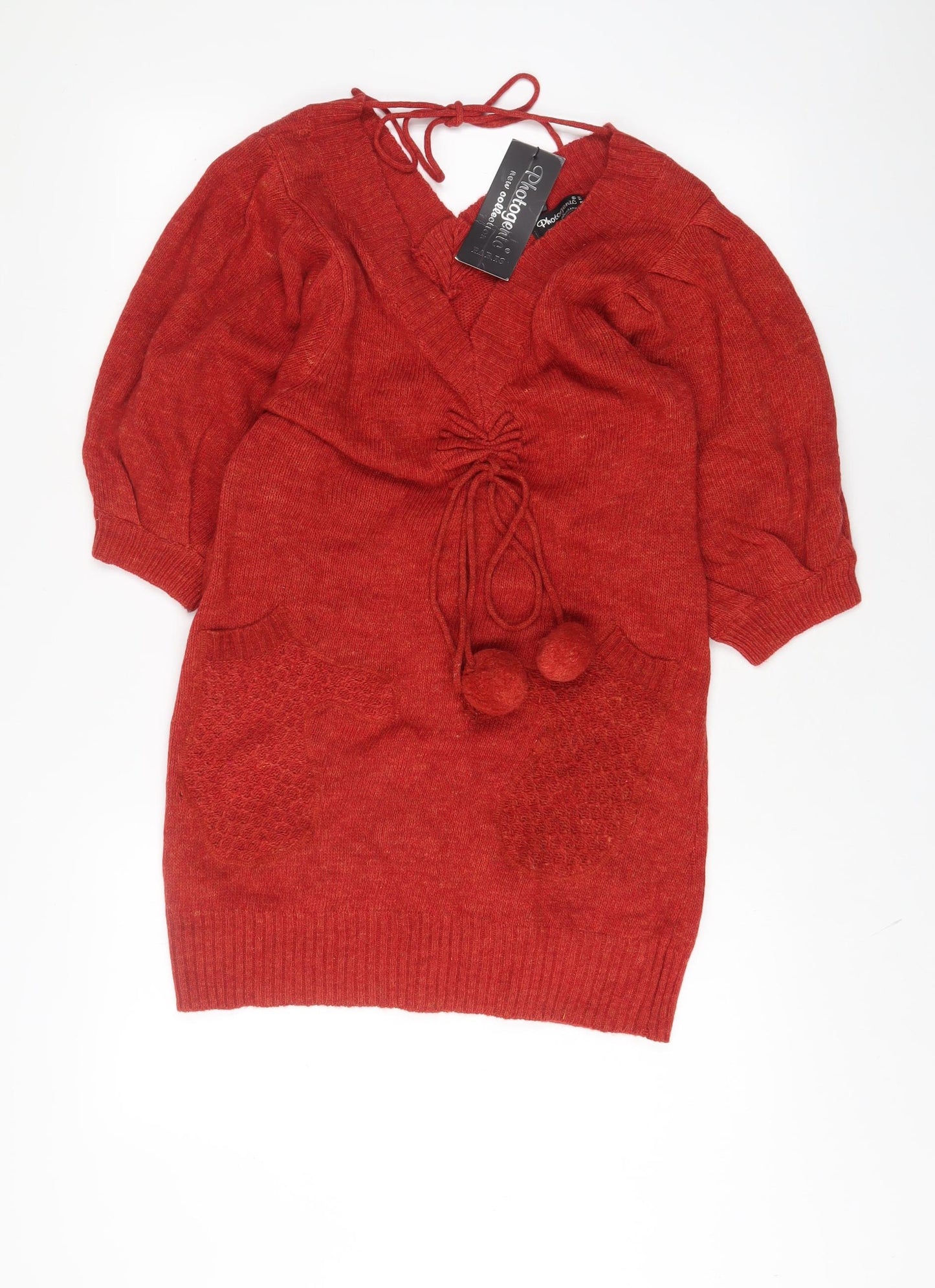 Photogenic Womens Red Acrylic Jumper Dress Size L V-Neck Pullover