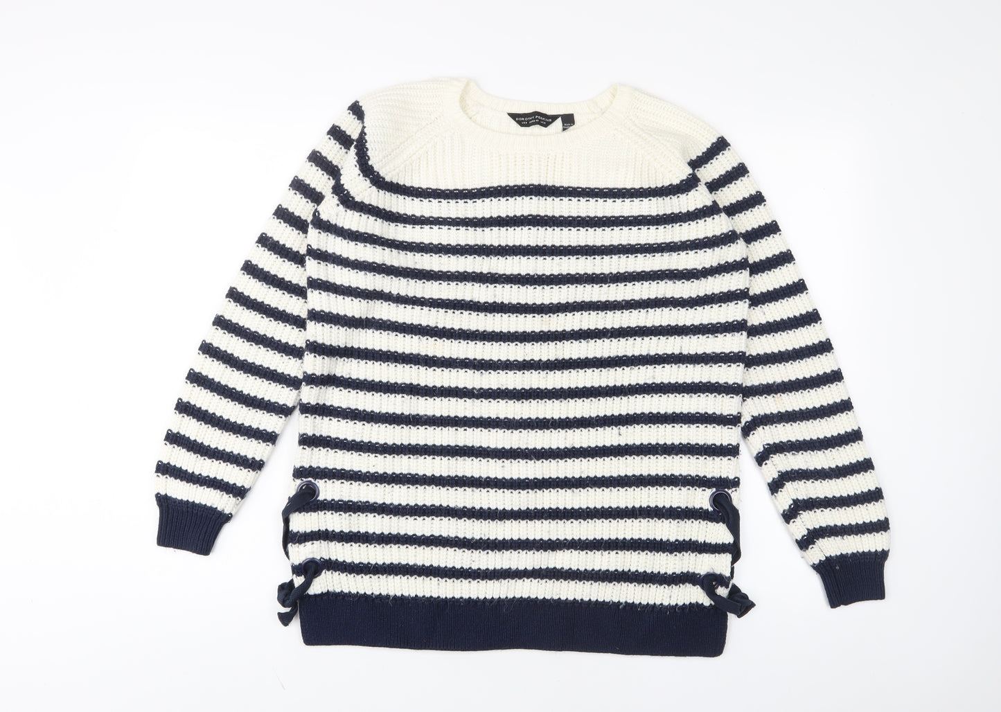 Dorothy Perkins Womens White Crew Neck Striped Acrylic Pullover Jumper Size 12