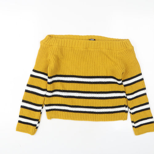 Cameo Rose Womens Yellow Boat Neck Striped Acrylic Pullover Jumper Size M