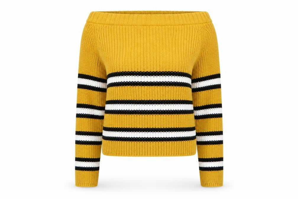 Front view of Cameo Rose women’s yellow boat neck striped acrylic jumper, size M