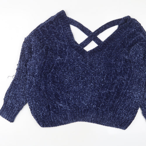 Honey Punch Womens Blue V-Neck Polyester Pullover Jumper Size S