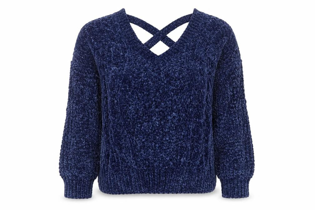 Front view of Honey Punch women’s blue v-neck polyester jumper, size S