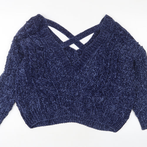 Honey Punch Womens Blue V-Neck Polyester Pullover Jumper Size S