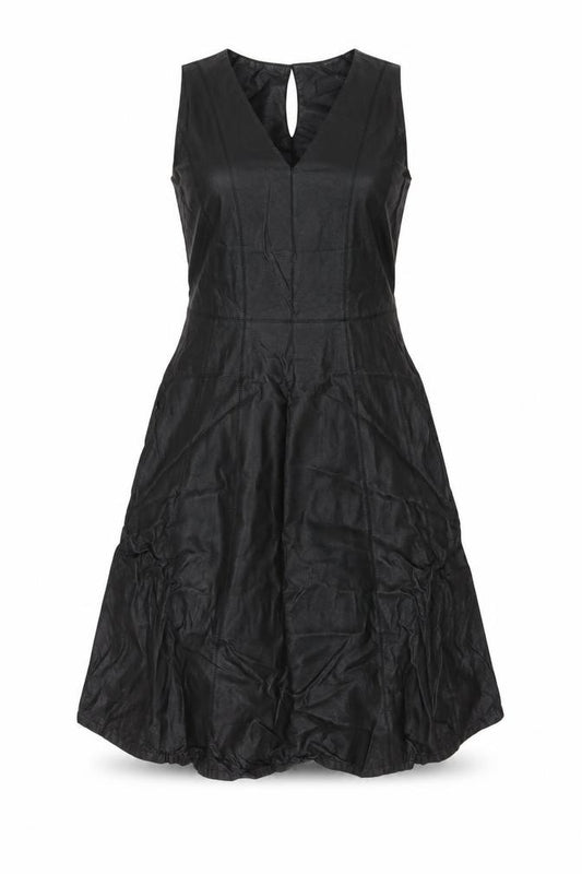 Front view of Dorothy Perkins women’s black polyurethane a-line, size UK 10, v-neck zip