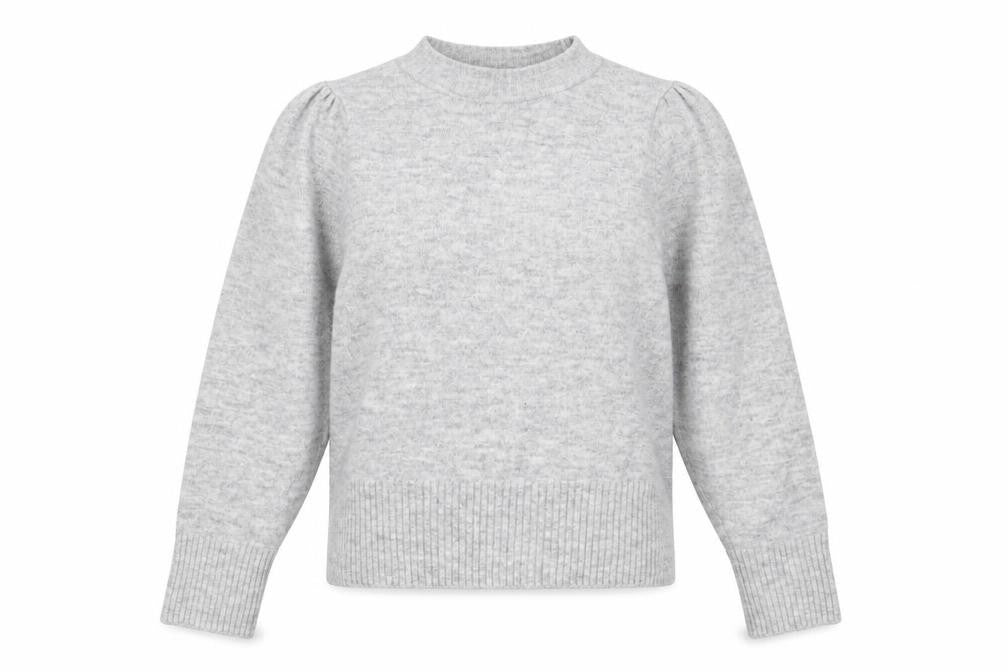 Front view of H&M women’s grey round neck acrylic jumper, size M