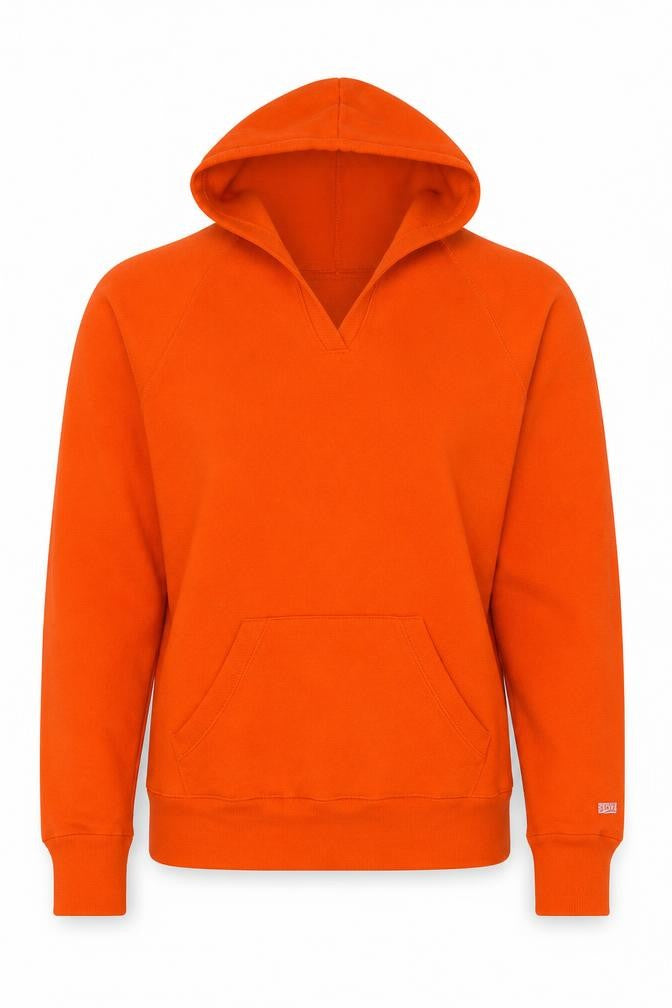 Front view of Soffe women’s orange cotton pullover hoodie, size L, pullover